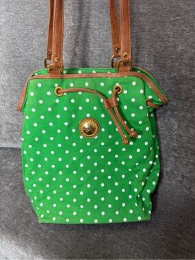 Capezio Green and White Polka Dot Shoulder Bag with Brown Trim